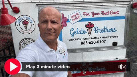 Man in white shirt stands next to Gelato Brothers catering trailer advertising weddings, office parties, and private events.