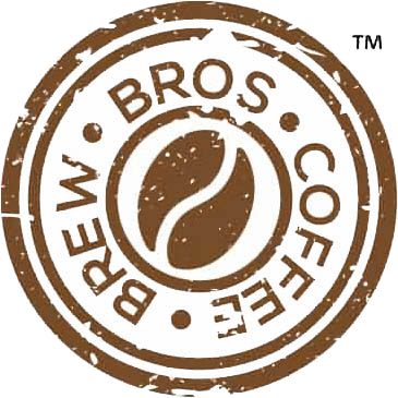 Brew Bros Coffee circular logo with two coffee beans in the center, surrounded by text on a brown distressed background.