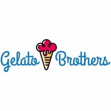Gelato Brothers logo featuring blue cursive text with a pink gelato cone illustration between the words.