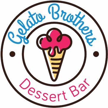 Gelato Brothers Dessert Bar logo featuring a pink ice cream cone in a circular emblem with blue text.