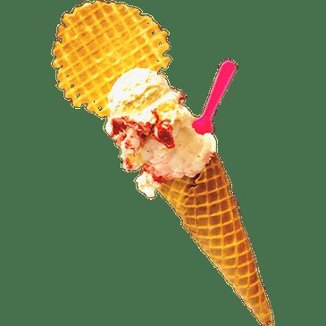 A waffle cone filled with vanilla gelato, whipped cream, and strawberries with a pink spoon against a green background.