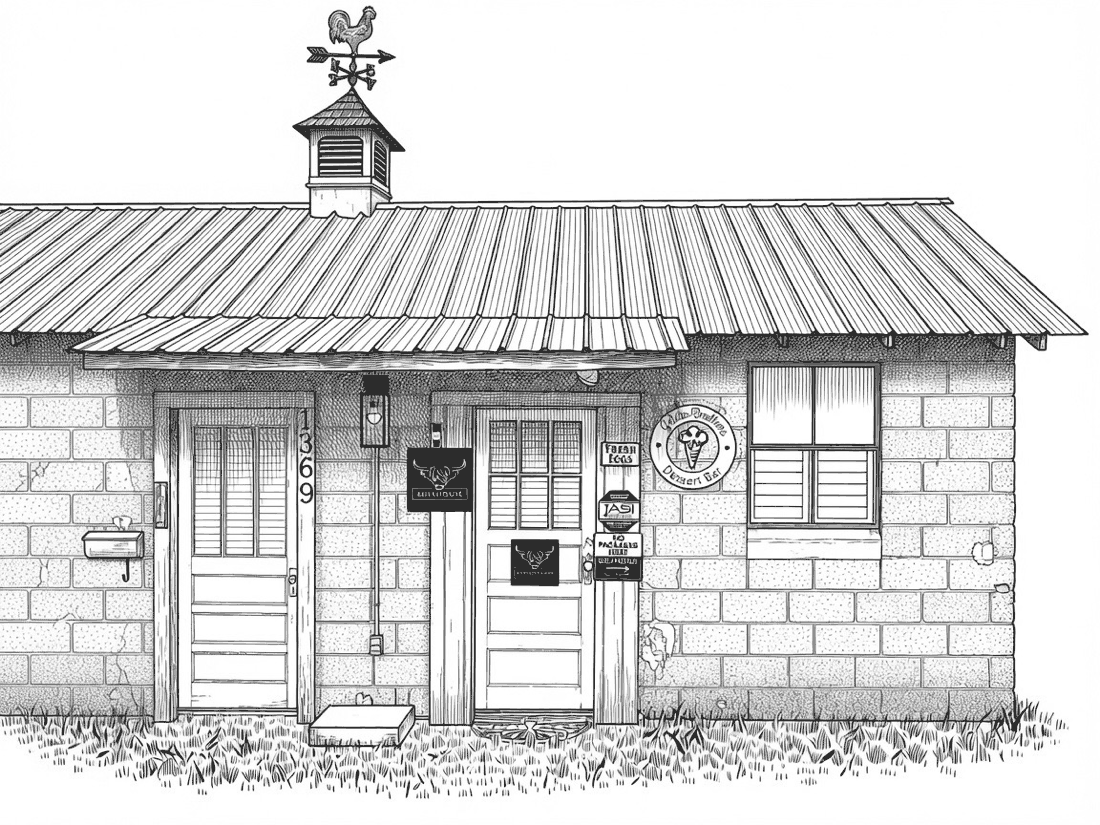 Line drawing of the Milkhouse Mini-Gift Shop at Cedar Pond Farms — a block building with a standing-seam roof, cupola and rooster weathervane, the Gelato Brothers Dessert Bar sign by the door